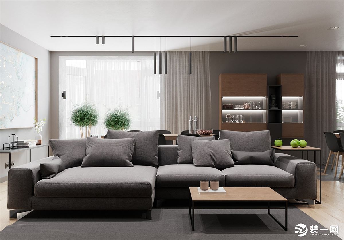 整体以灰色为主调，加入木色的温润，协调整体的暖意，搭配上布沙发，柔软舒适。