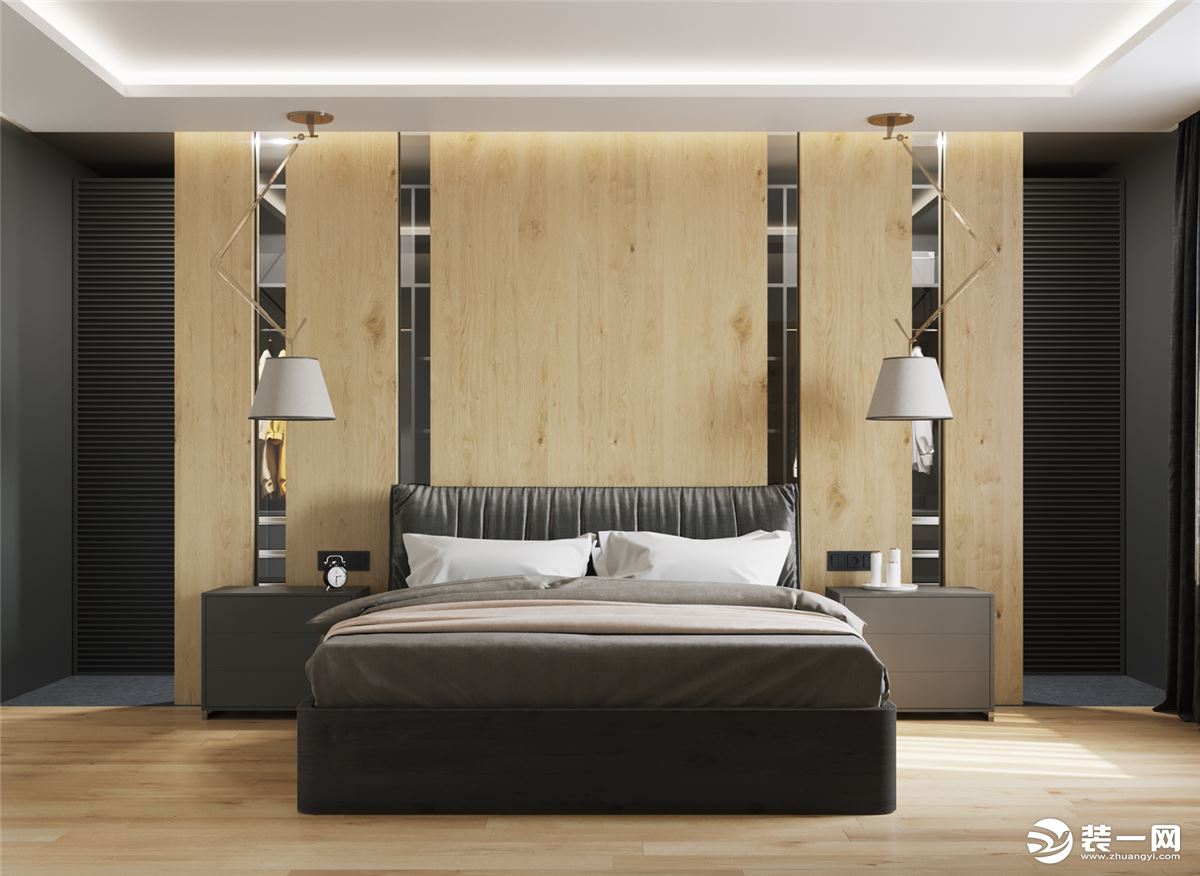 卧室整体以木元素搭配，床头对称吊灯，以金属线条感的设计，点缀空间的温暖。