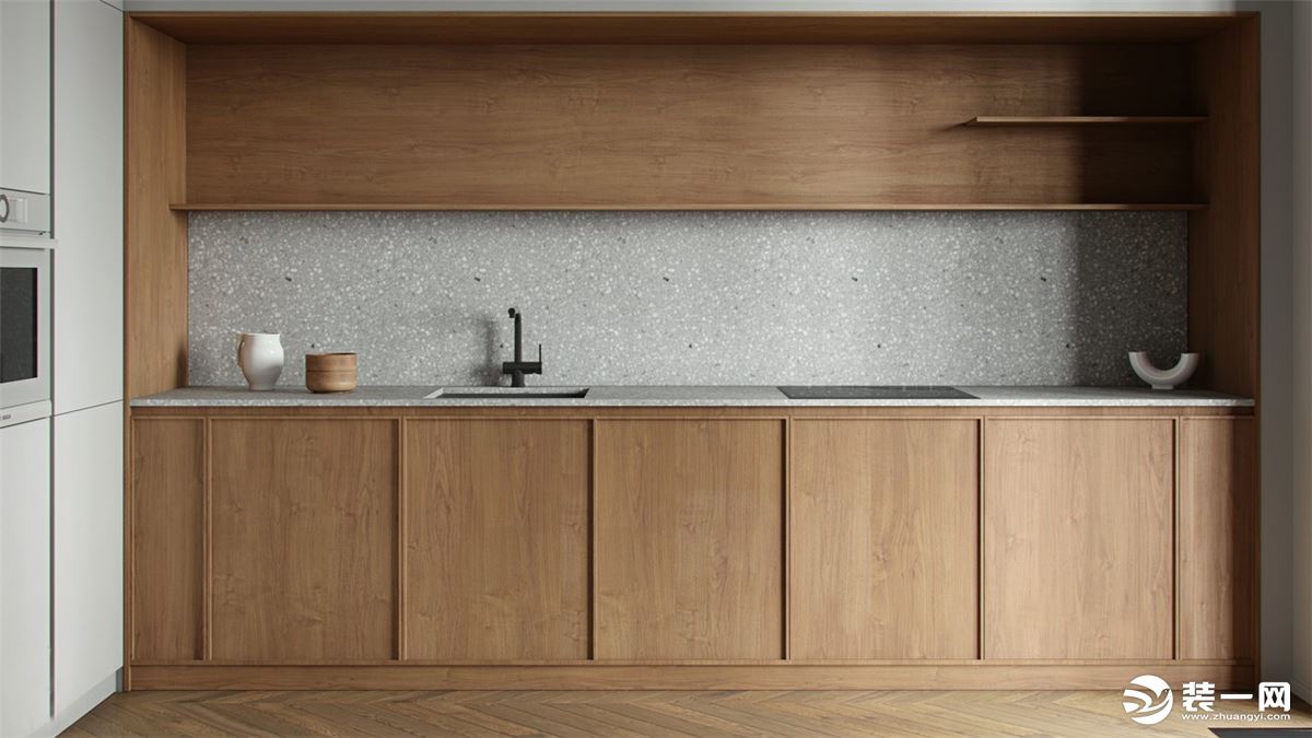 厨房以一字型布局，原木与大理石的的搭配，天然材质的温润感，加上木元素的温馨，简单有品质