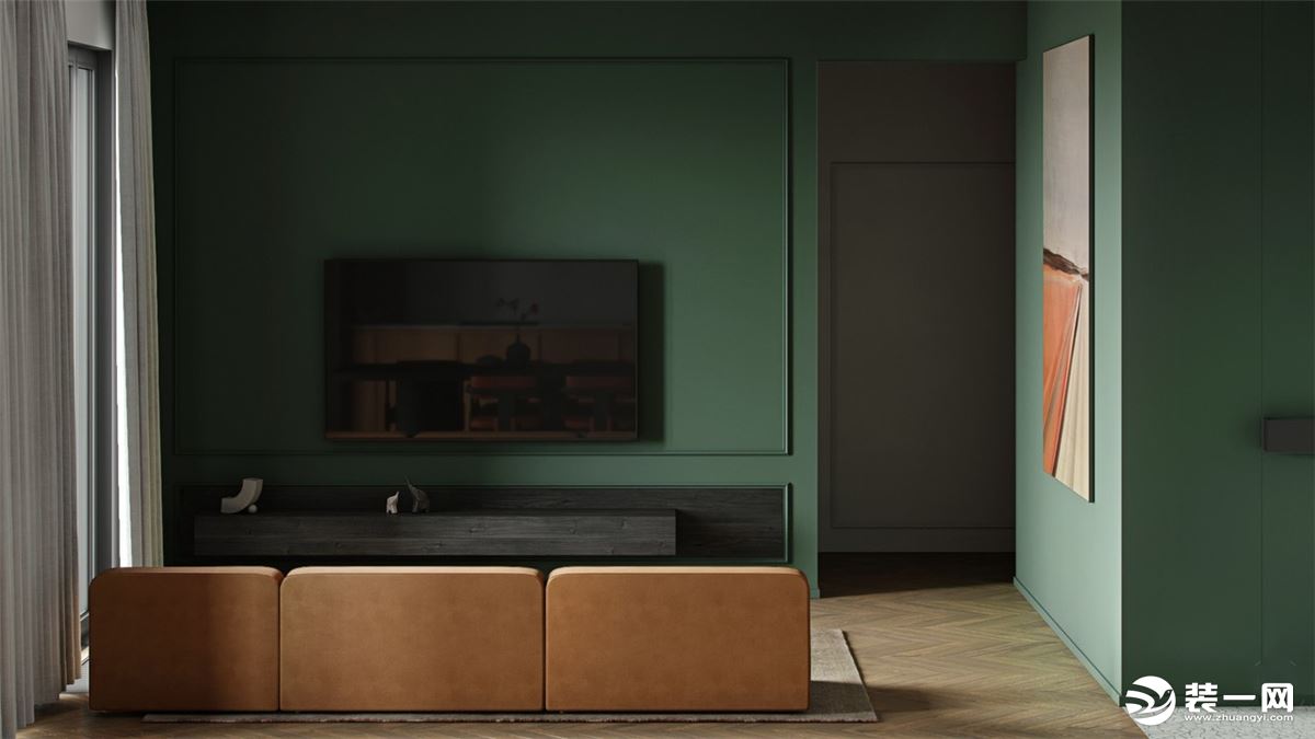 电视背景，以墨绿色为背景墙的色调，搭配浮雕工艺的设计，简约时尚