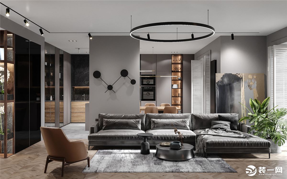 客厅整体现代简约的空间，洁净大方的基础摆上简约灰色的地毯沙发，让空间充满舒适自然的气息感。