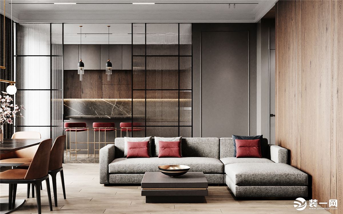 客厅，干净宽敞的空间呈现出一种特别的艺术气息，加入原木元素，搭配上灰色布艺沙发，舒适柔软，让生活慢了