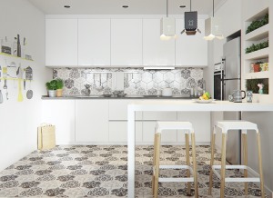 白色的厨房加上花纹的瓷砖点缀，增大了视野效果