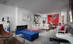 客厅整体以白色为主色调，布艺与绒面的沙发搭配，蓝色饱和的绒面沙发，视觉上就可以感觉到细腻与顺滑，