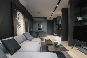 客厅摆放的浅灰色沙发，与黑色的基础色相互搭配，背景墙的艺术画框，增添时尚气息