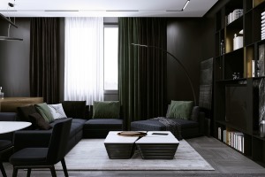 纯黑色的沙发与色不一的抱枕，复古绿与深棕色绒面的窗帘，厚重感的体现，给空间增添了沉稳与大气