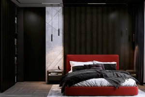 主卧依然还是黑色的背景色，不同的是，红色的床架，在空间中耀眼夺目，展现属于色彩本身的热情与浪漫，