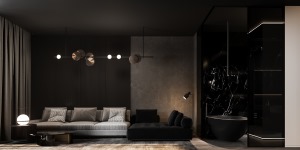 黑色与灰色的沙发组合，一半灰一半黑的搭配，与背景墙的颜色，相互呼应。