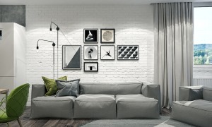 客厅摆放的浅灰色搭配，整体空间与灰白两色搭配，背景墙上的画框与线条的灯饰搭配，感受简约与舒适，客厅与