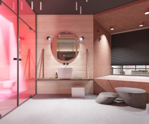卫浴在客厅的右侧，玻璃的外墙用窗帘作为隔断，干湿分离的设计，减少水汽，浴缸的设计感受休闲时的慵懒放松