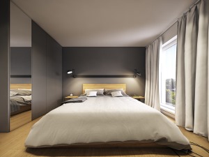 主卧室的设计也比较简单，在灰色调的主色之下，加入了白色、和木色的软装、家具，简洁而又大方大概就是适合