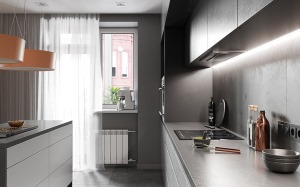 厨房延续灰白色调的搭配，一字型布局，厨房设计了岛台，增加操作台面的同时，也能提升生活情调。