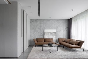 客厅，灰白色的空间，简单干净明亮，搭配上焦糖棕的组合沙发，地毯的铺垫，带来一丝温暖
