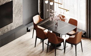 客餐厅的空间，客厅与餐厅位于同一空间，木制餐桌搭配木制餐椅，橙色色与黑色的交替既不单调又格外舒适。