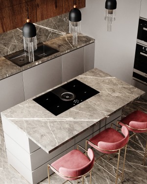 厨房延续大理石的材质，操作台延伸的部位作为了吧台的使用，展现出自由度和灵活性。