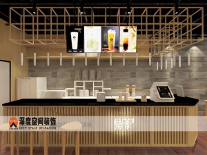 收银台采用了原木镂空框架及白色筒灯，视觉上显得更宽敞，与水吧相结合，方便制作茶水及顾客取餐。