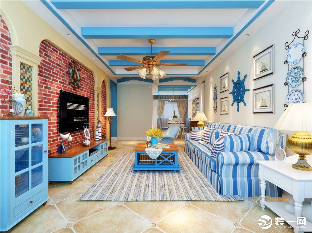 整个房间整体采用地中海的蓝与白，可以让居住者感受到心旷神怡，舒适放松。