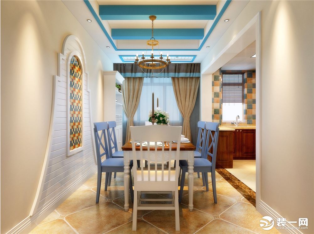 餐厅的餐椅采用蓝白相间的条形图案，与地中海风情交相辉映。