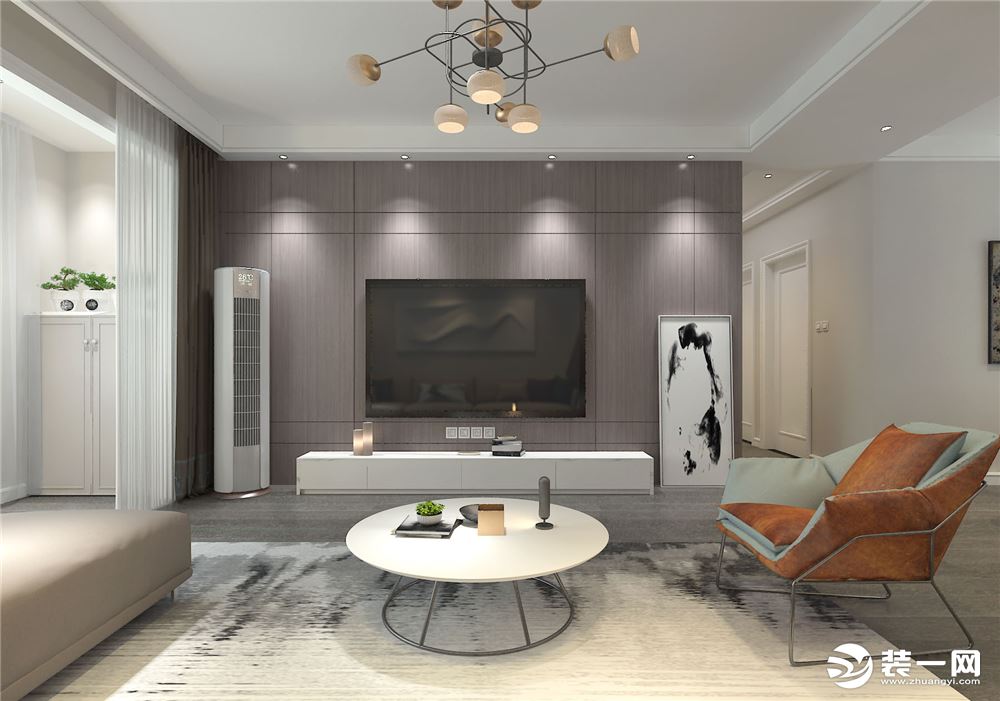 客厅是居室的会客区域，利用木质背景墙与白色沙发互相搭配，营造出一种干练而又别具一格的居家氛围。