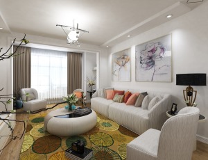 客厅色调以白色为主，简洁舒适。沙发背景墙放置了两幅挂画，简单大方。