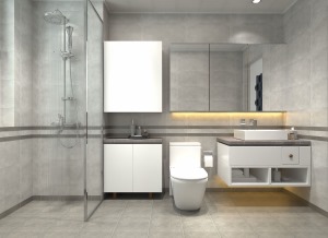 卫生间的打造也是非常简约，灰色的墙地面瓷砖铺贴，看起来非常具有整体性。