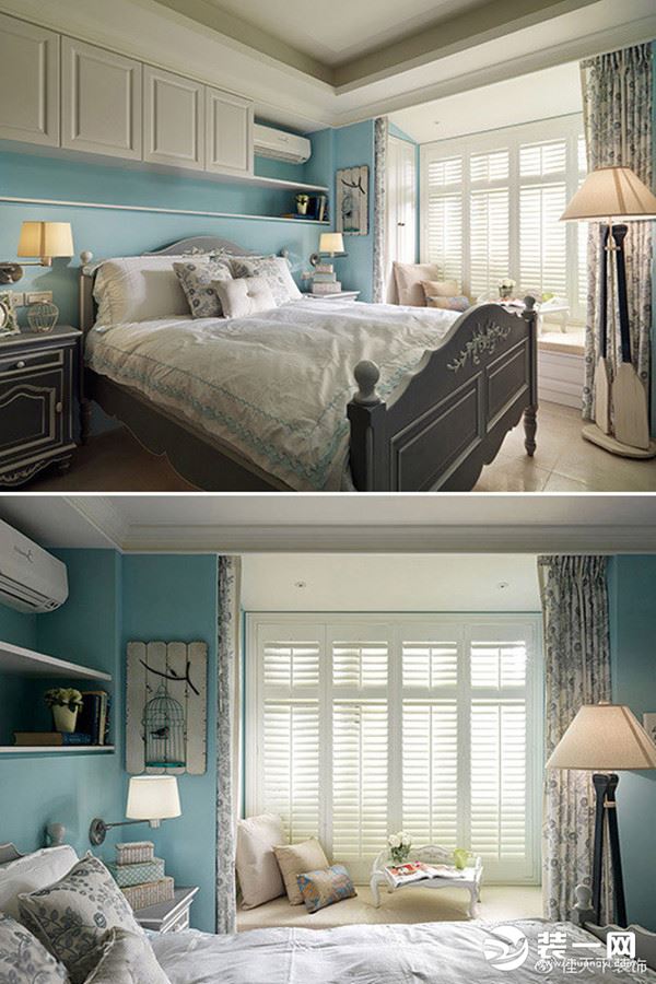 水蓝色的主卧房中，安排灰色系古典床组，加添些许气质概念，另在窗边安排卧榻，轻拢门帘即自成一方阅读休憩