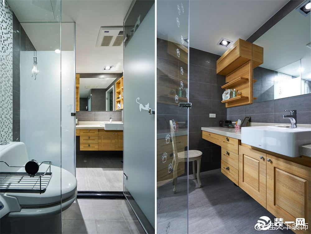 ?最喜欢的厕所了，很简洁 原木洁具加上灰色砖 很搭配。