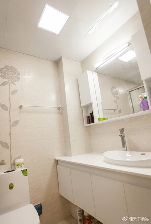 卫生间在人工照明上做的比较明亮，浅色砖纹，秀气的花形，简单中体现不同。