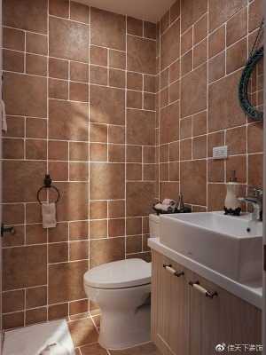 采两种尺寸复古砖包覆全室的主卫浴，透过砖体的线条变化丰富空间风格。