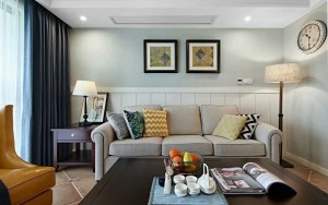 两江春城95平方三居室美式风格客厅沙发背景墙装修效果图