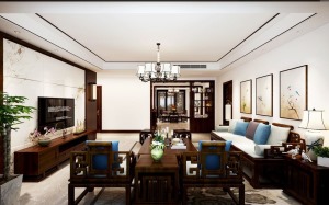 北京城建龙越生态城107平三居室中式风格客厅装修效果图