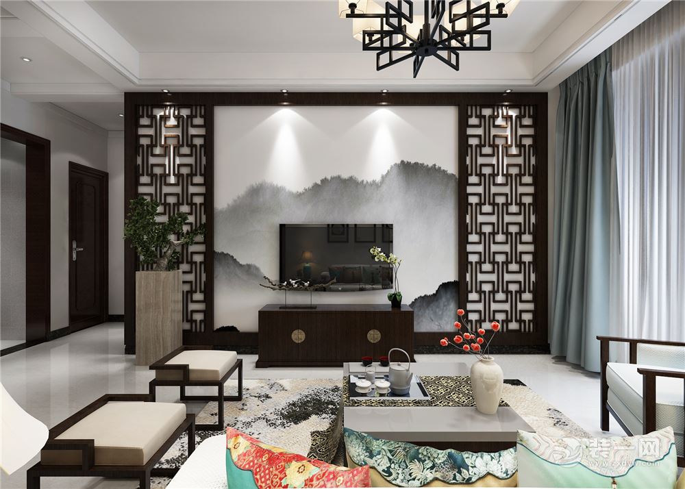 东方明珠新中式风格大户型装修效果图，客厅电视背景墙装修效果图。