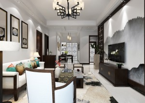 东方明珠新中式风格大户型装修效果图，客厅装修效果图。