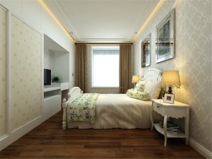卧室装修效果图，清新淡雅，深色木地板加上浅色墙面石膏线设计，提升了整个卧室的层次感