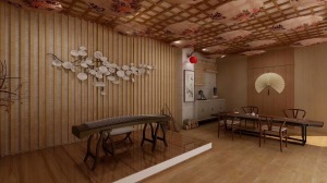功能区分为两部分展示区和会客区，背景运用了雅致古典的木隔断装饰