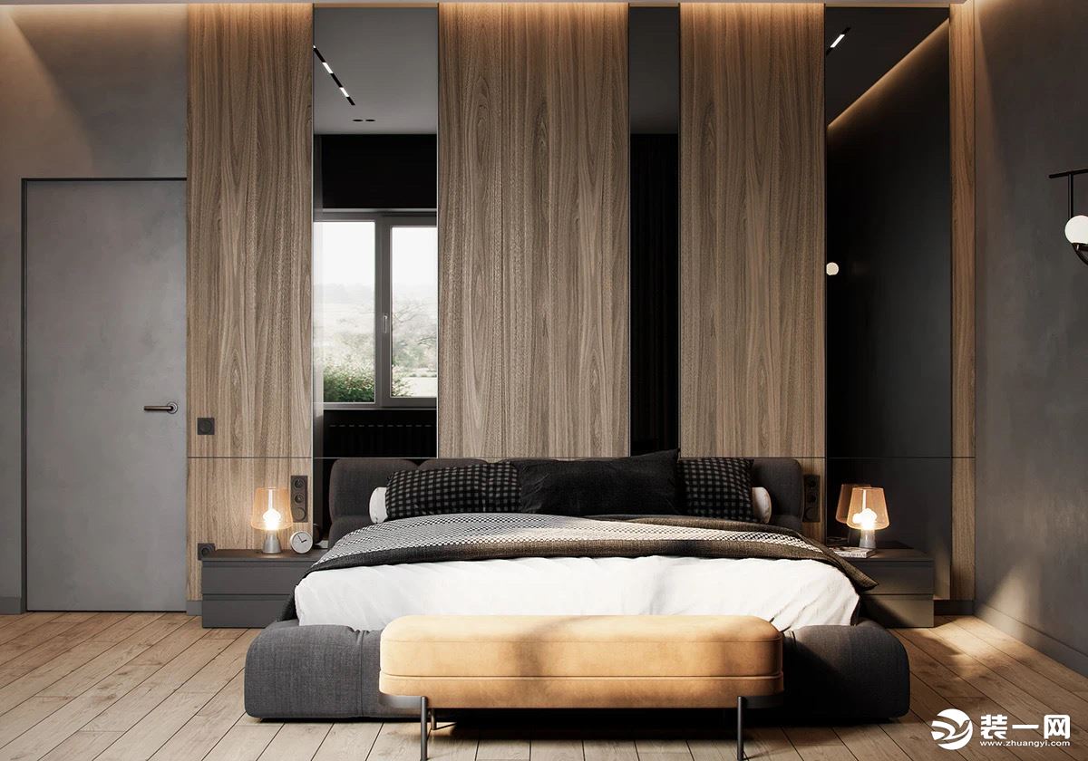 卧室同样是木色与灰色为主色调，木地板以及床头背景都是木色，设计师运用沉静简美、简洁有力的设计语言创造