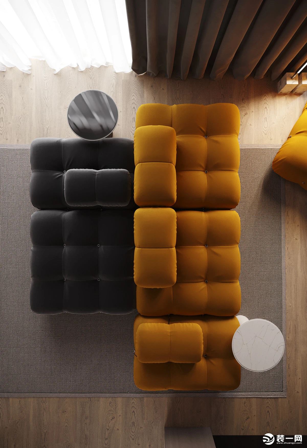 客厅的色彩以橘黄色和灰黑色的沙发为主，柔软的体积和优美的线条弧度让空间更具现代感，明暗色系的结合让氛