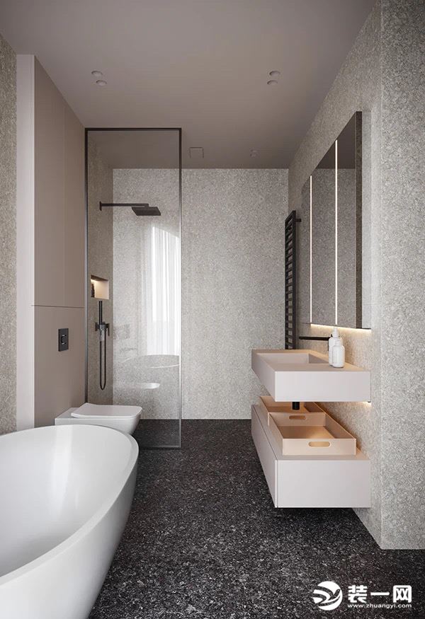 卫生间走的简约设计风格，水磨石为主体的铺设让整个空间的质感得到了提升，色调上的搭配让人也有舒适的感受