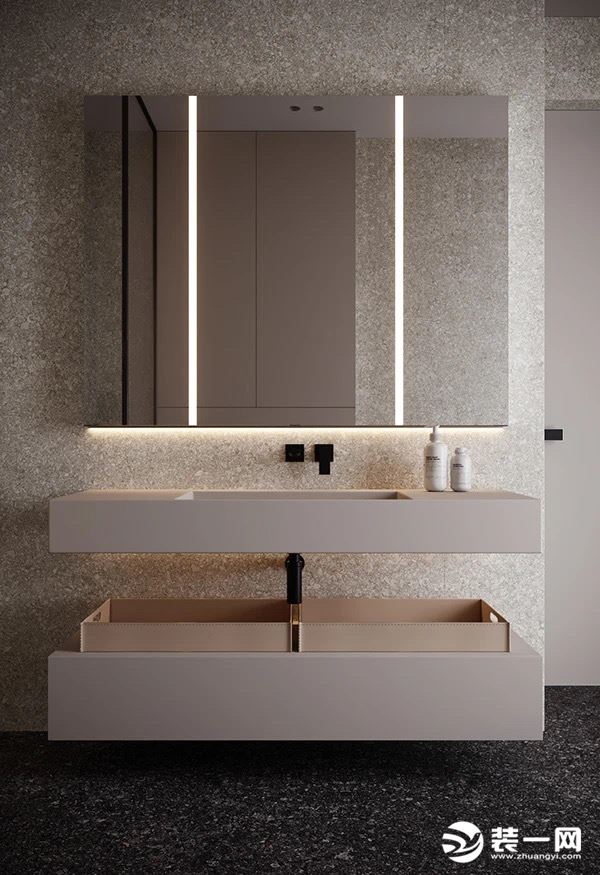 卫生间走的简约设计风格，水磨石为主体的铺设让整个空间的质感得到了提升，色调上的搭配让人也有舒适的感受