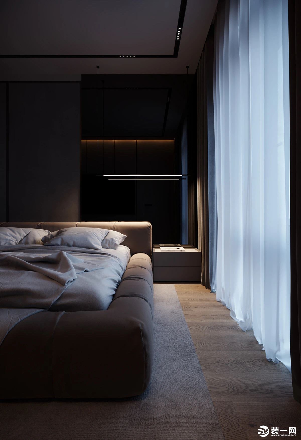 卧室整体以高级灰为主色调，利用自然光和室内人造光线的结合，营造出温馨宁静的感觉。