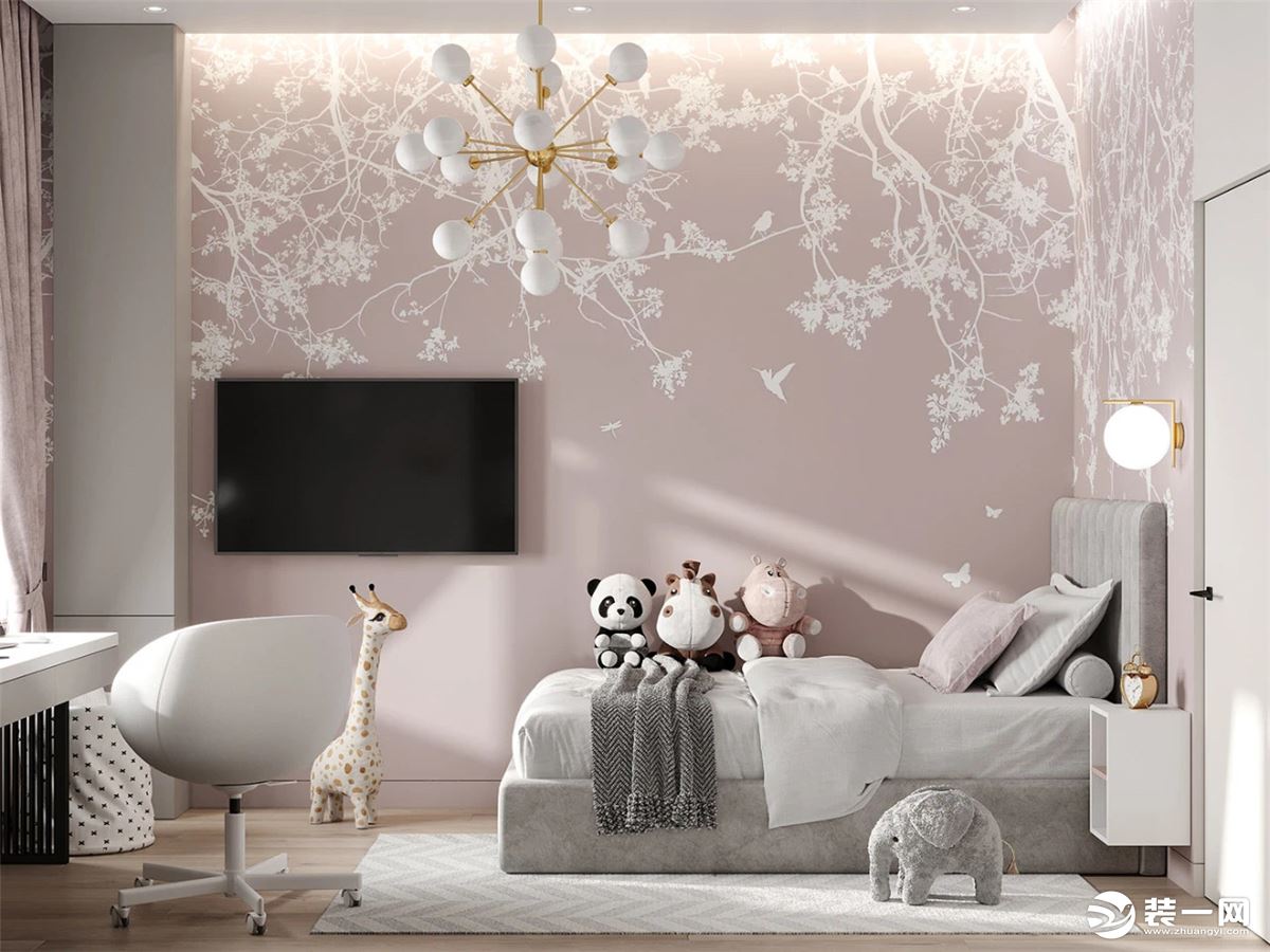 中性灰色与粉色搭配的女儿房，塑造了可爱又质朴的背景，明亮光彩的粉色也使得家居环境更加气质，活泼。