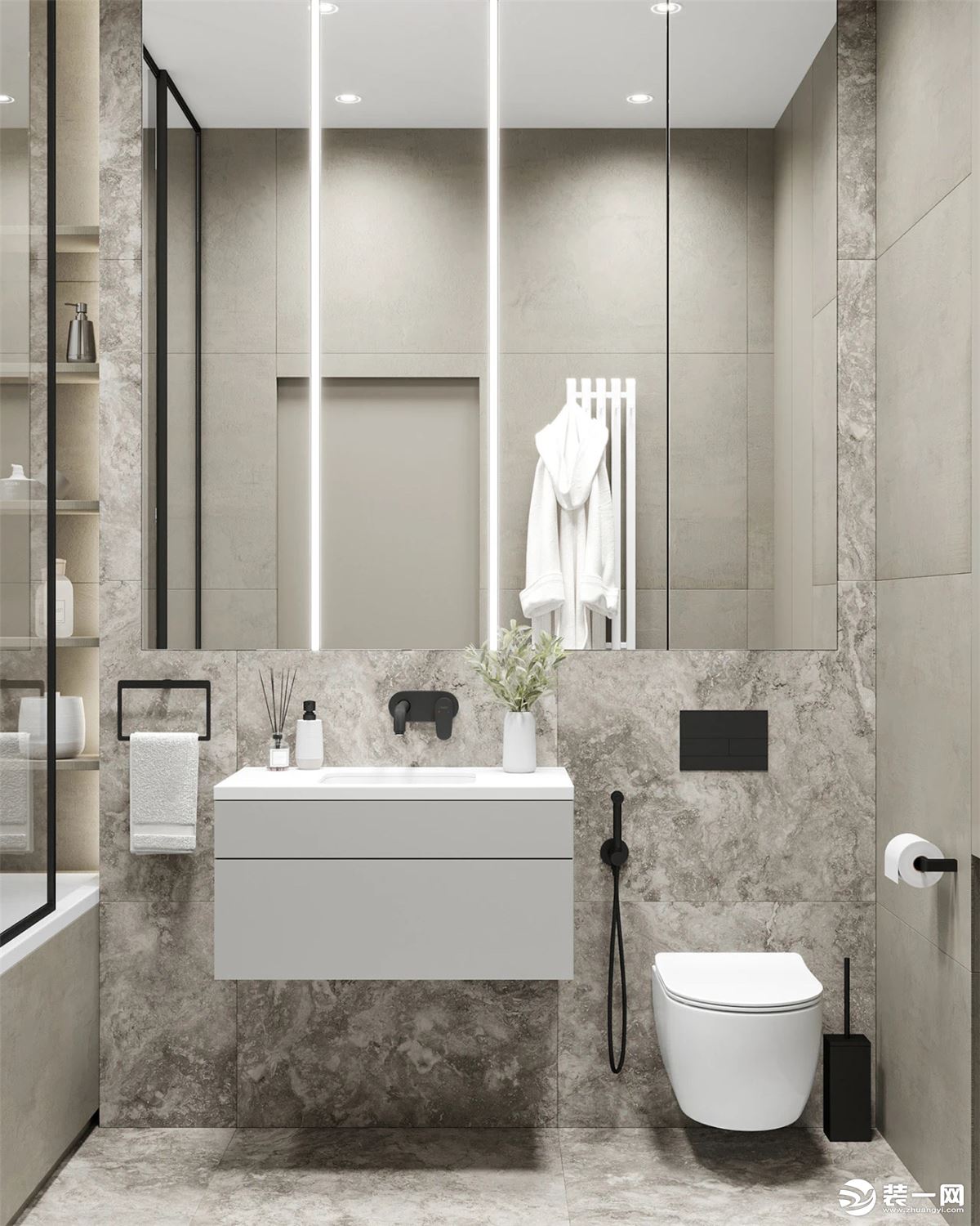 这个卫生间以浅色为主，运用灰色石材，玻璃，黑色边框的点缀，基于它的使用功能来考虑它的照明。