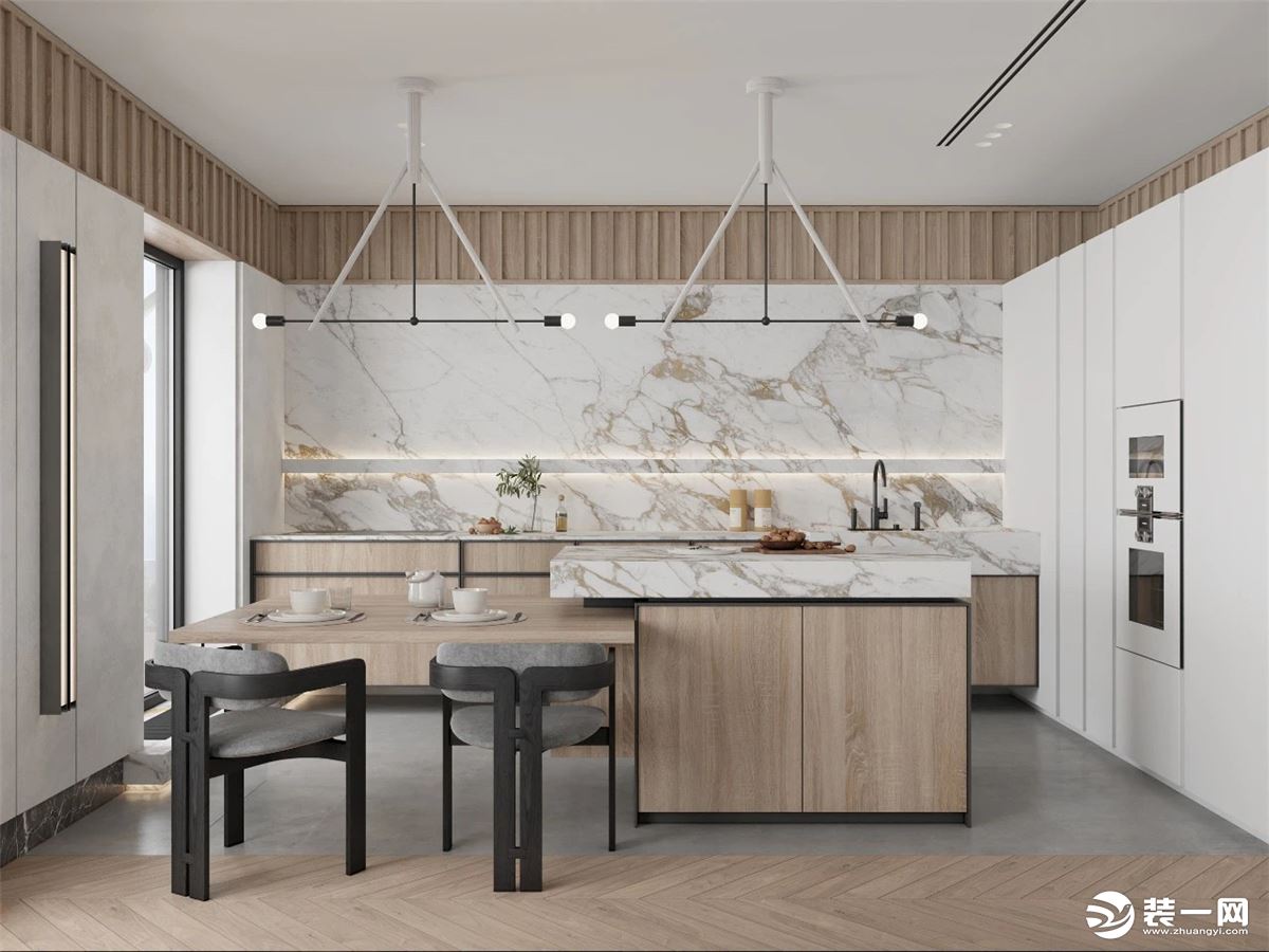 厨房在客厅的一边，白色条纹的大理石和木色搭配，水泥灰的地板和客厅的鱼骨拼地板形成鲜明的对比，美丽自然