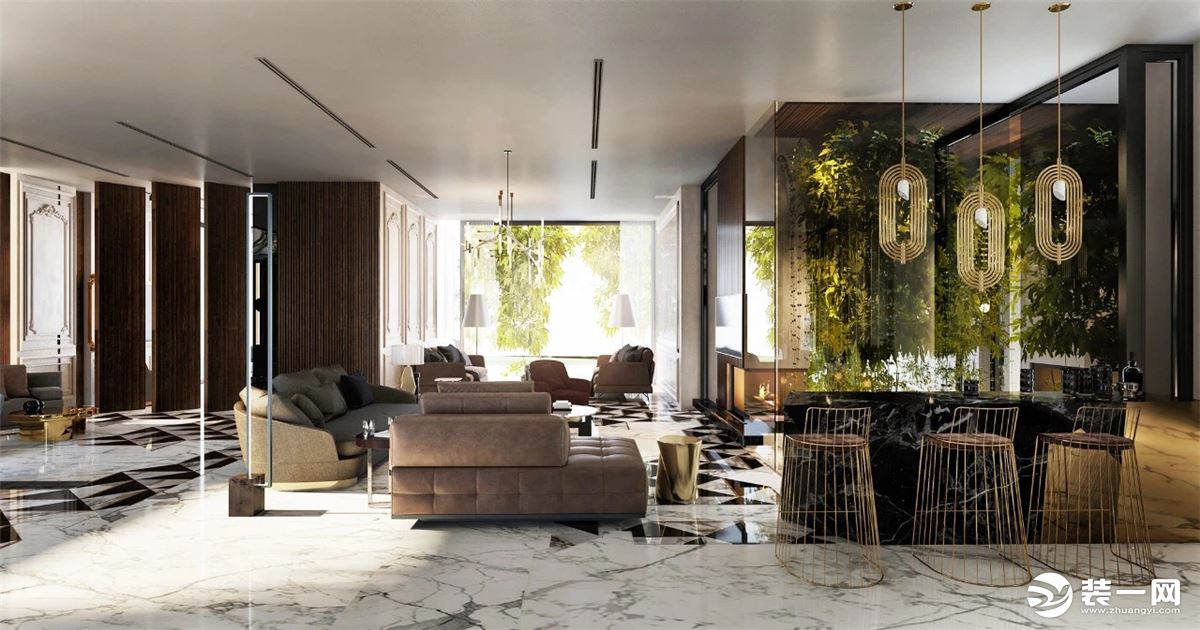 客厅使别墅更具有吸引力，不对称的菱形大理石墙面，镶嵌着黄铜色的金属，巧妙获得更舒适的感觉。