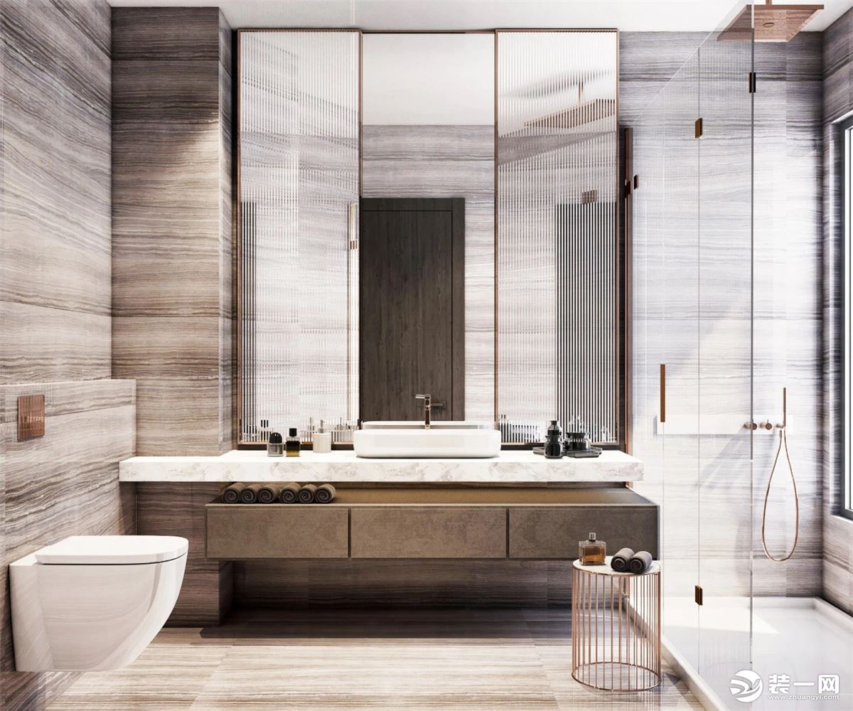 极简主义的浴室设计，包括浅灰色大理石墙壁，地板和台面，使空间显的更加明亮舒适。