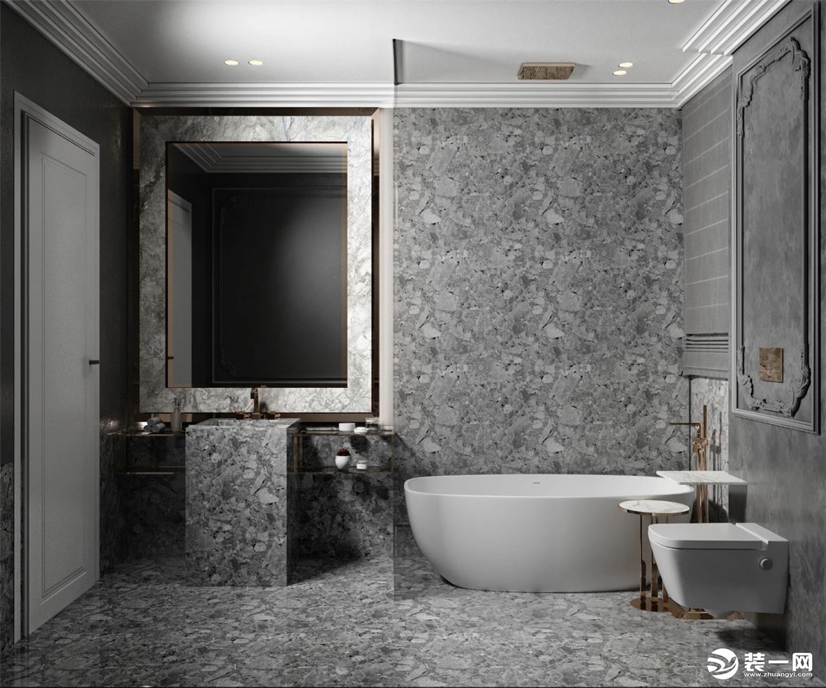 以灰色的大理石为主，纯白色的浴缸，使空间显的更明亮宽敞。