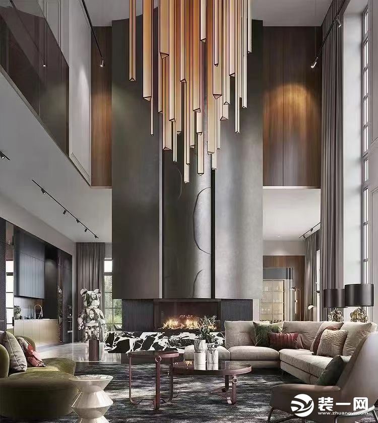 客厅的设计比较现代化，空间采用现代轻奢风的设计，采用多种不同的材质和色调对空间进行塑造。