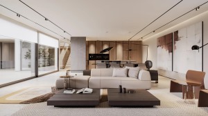 一楼有一个大型的石头作为沙发的背景，客厅以木质色调搭配，大面积使用玻璃将整个房子保持在明亮、温暖的色