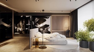 这里的每间卧室都以不同的方式展现，第一间卧室的灵感来自木材，加上黑色的搭配，同时展现出温暖而有力量。