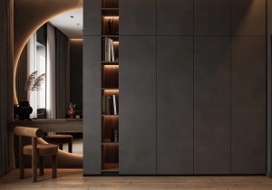 卧室同样是木色与灰色为主色调，木地板以及床头背景都是木色，设计师运用沉静简美、简洁有力的设计语言创造